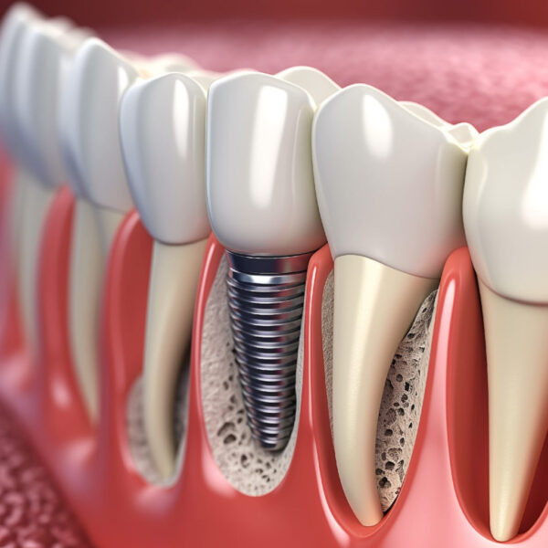 Anatomy of healthy teeth and tooth dental implant in human dentura. 3d illustration.